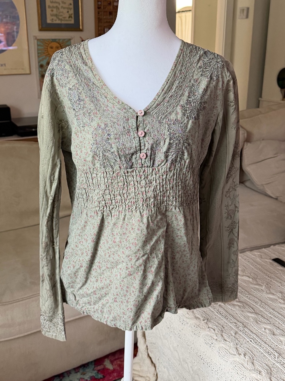 90s Y2k Vintage Bill Blass Green floral multi print Top 100% Cotton Size Small